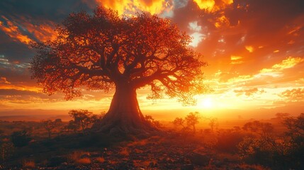 Majestic tree at fiery sunset