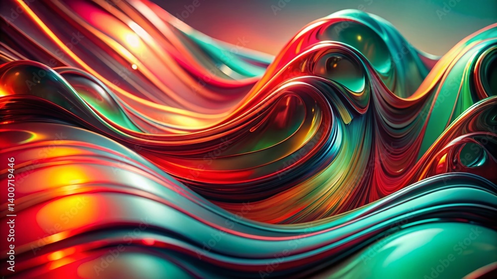 Poster abstract 3d gradient color animation: wavy, twirling smooth wall with multicolor liquid pattern refl