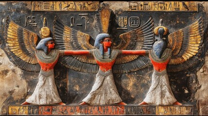 Ancient Egyptian Relief Carving of Winged Gods