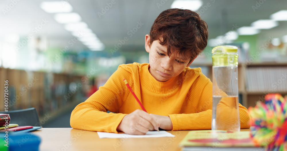 Poster Boy, education and paper with writing at library for test, study and development with problem solving. Child, notes and solution with learning, assessment or school project with scholarship in hall