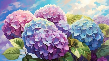 A vibrant scene of a garden featuring clusters of blue and purple hydrangea flowers