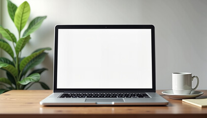 Fototapeta premium Open laptop on wooden desk, digital workspace concept