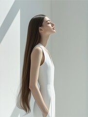 Obraz premium Stylish woman with long brown hair standing in sunlight against white minimalist wall