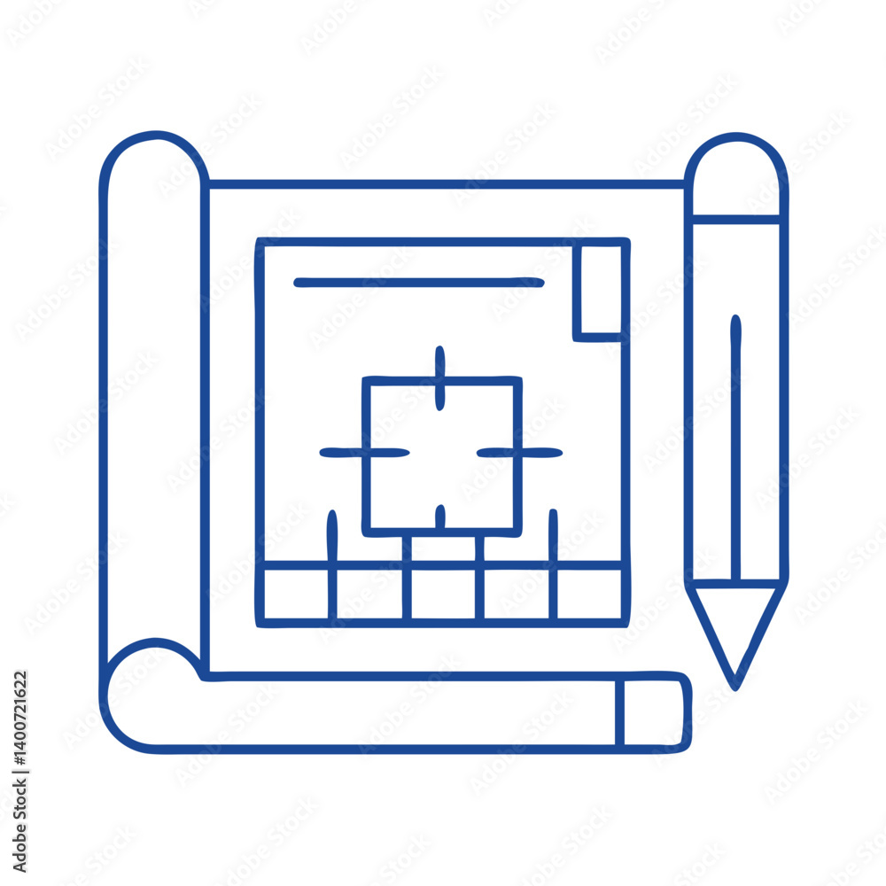 Poster construction blueprint with pencil icon representing architectural design and planning