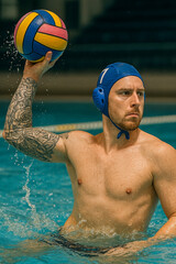 Tattooed Male Water Polo Player in Action at Indoor Pool
