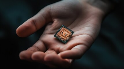 Fototapeta premium A person holding a small square integrated circuit in their palm