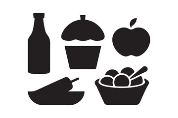 Food Silhouette Icons Set Minimalist Vector Graphics of Snacks, Fruits and Beverages