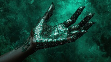 Obraz premium Glittery hand in teal smoke