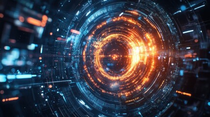 Obraz premium Abstract Digital Tunnel: Glowing Neon Rings and Circuitry