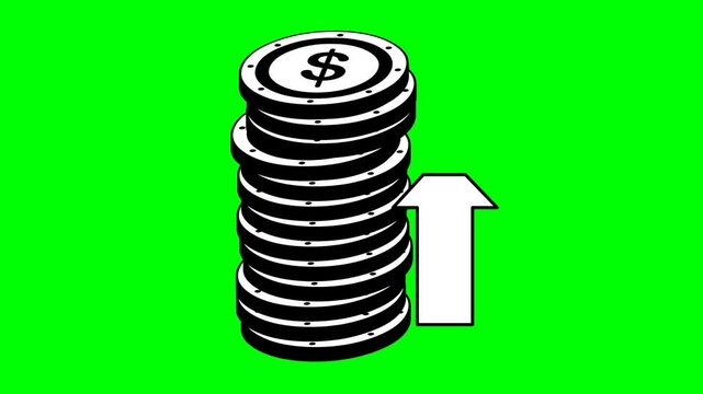 video animation black and white icon stack coins with arrow moving up in economic inflation concept, on a green chroma key background
