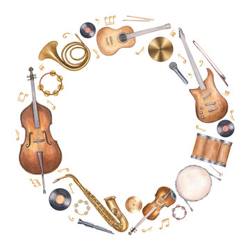 Musical instrument and floating musical notes circular watercolor wreath with copy space for text. Violin, trumpets, drum, saxophone, tambourine, tuba, flute, guitars frame isolated background.