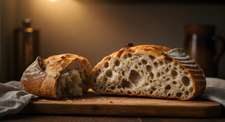 Warm Low Light Still Life of Artisan Sourdough Bread on Wood Board