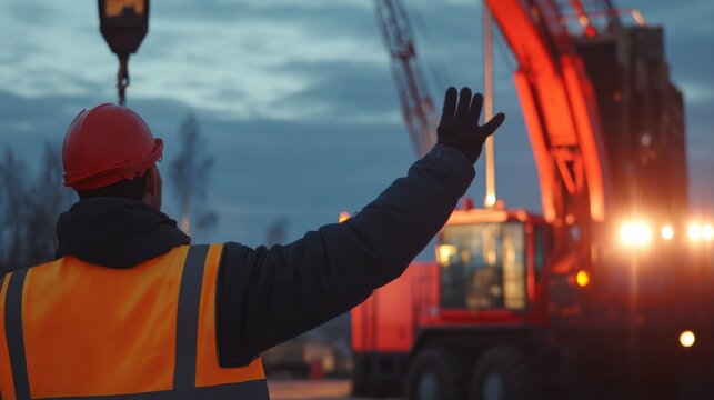 Crane signaler directing heavy equipment movement with hand gestures. Featuring communication and safety