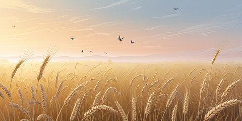 Golden Wheat Field at Sunset with Birds Soaring in the Distance
