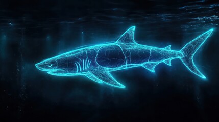 Digital Shark Swimming Underwater with Bright Cyan Outline in the Dark