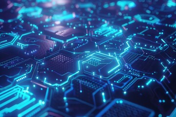 An abstract technology background with a network of glowing blue hexagons and electronic circuitry elements