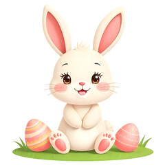 A cute cartoon Easter bunny with soft fur, big sparkling eyes, and a cheerful smile, sitting on grass surrounded by colorful decorated eggs. Transparent background. 