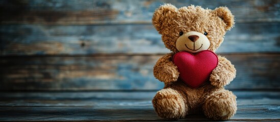 Teddy bear with heart on wooden background for love