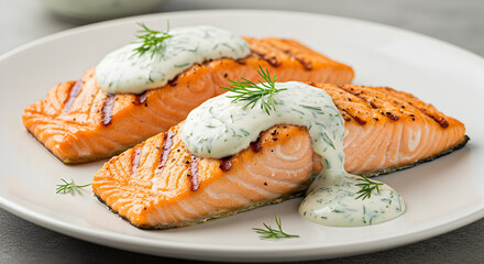 Grilled Salmon Fillets Topped with Creamy Dill Sauce for Gourmet Meal