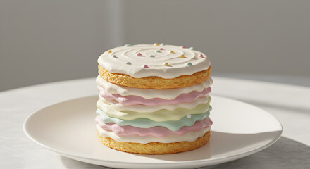 Mini Bento Cake With Minimalist Pastel Icing On Small White Plate