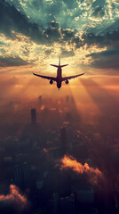 Naklejka premium A plane comes in for a landing in the sky above a bustling city at sunset