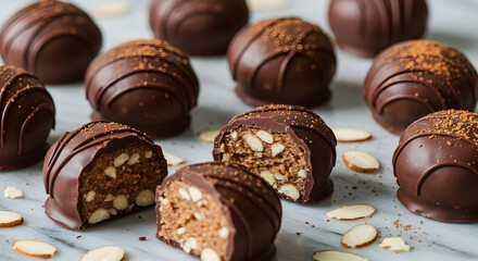 Delicious Ketogenic Chocolate Almond Fat Bombs On A Marble Surface