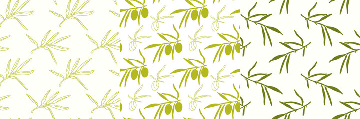 set of seamless patterns with drawn simple olive branch in olive colors