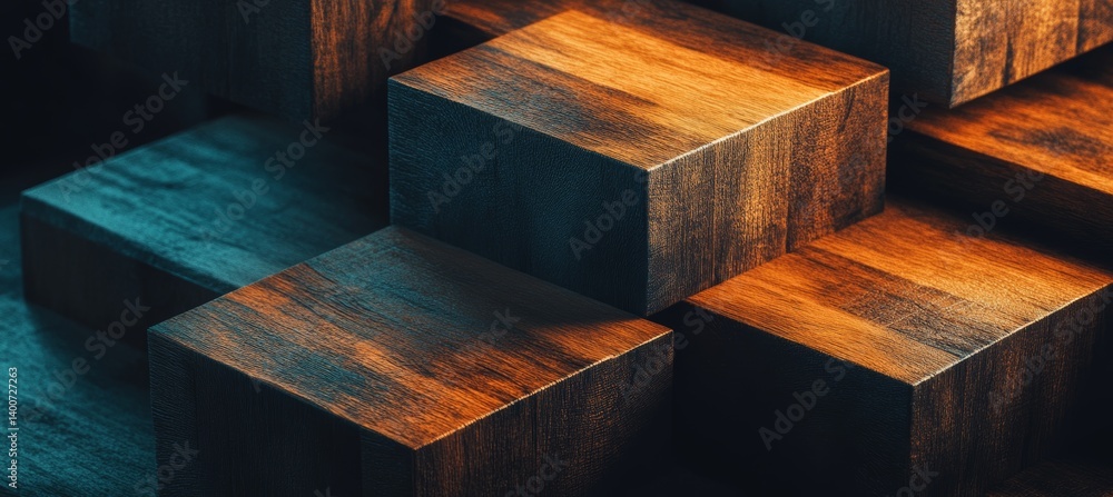 Poster abstract composition of wooden cubes. stack of square geometric shapes from solid wood material