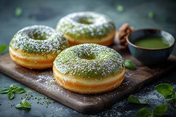 Decadent matcha cream doughnuts topped with powdered sugar on wooden board