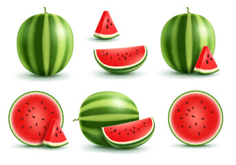 Realistic 3D watermelon. Set of whole, slice, piece of watermelon isolated. tropical fruit
