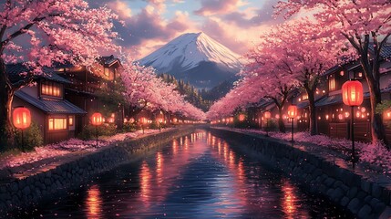 Panoramic oil painting of Japan’s cherry blossom festival with Mount Fuji in the background, vibrant pink trees lining a peaceful river, lanterns glowing softly in the evening light,