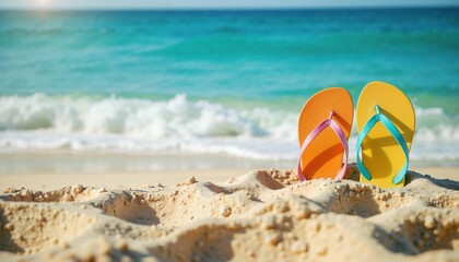 Obraz premium Colorful flip-flops resting on sandy beach with ocean waves 