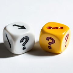 Two dice one white with arrows and question mark one yellow with question mark