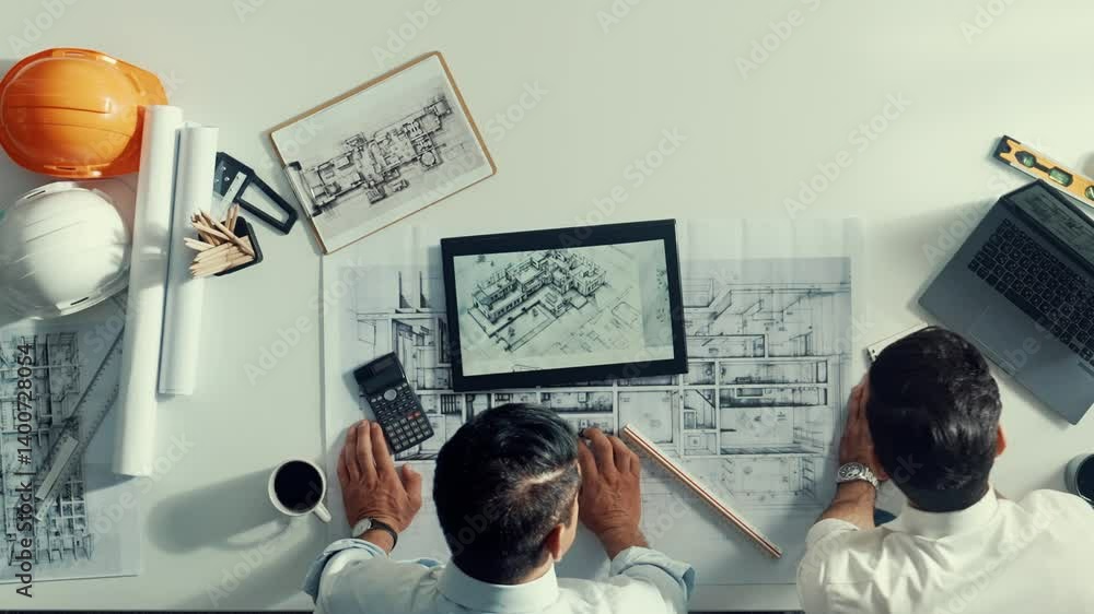 Poster top down aerial view of smart engineer team using calculator calculate construction. professional ar