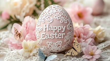 A handcrafted Easter card layout with a lacework egg centerpiece and "Happy Easter" text cut into the center, surrounded by soft pastel florals and butterfly accents.