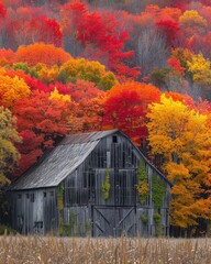 Rustic Barn in Vibrant Autumn Foliage
