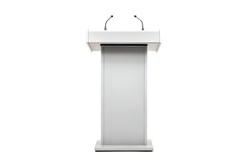Modern Wooden and Metal Lectern with Dual Microphones for Presentations.