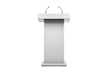 Modern Wooden and Metal Lectern with Dual Microphones for Presentations.