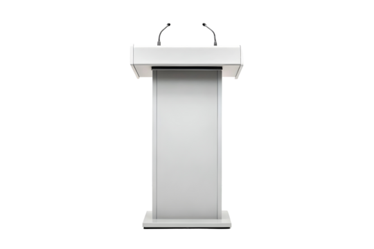 Modern Wooden and Metal Lectern with Dual Microphones for Presentations.