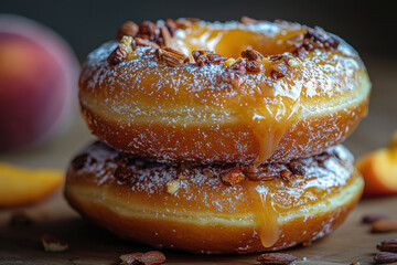 close up of two peach filled doughnuts topped with caramel drizzle, powdered sugar, and chopped nuts, creating decadent treat