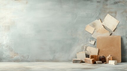 Aged paper and objects on textured background