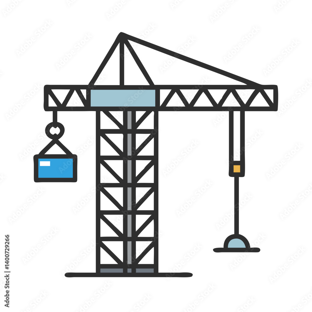 Poster tower crane with building structure icon representing construction site and urban development
