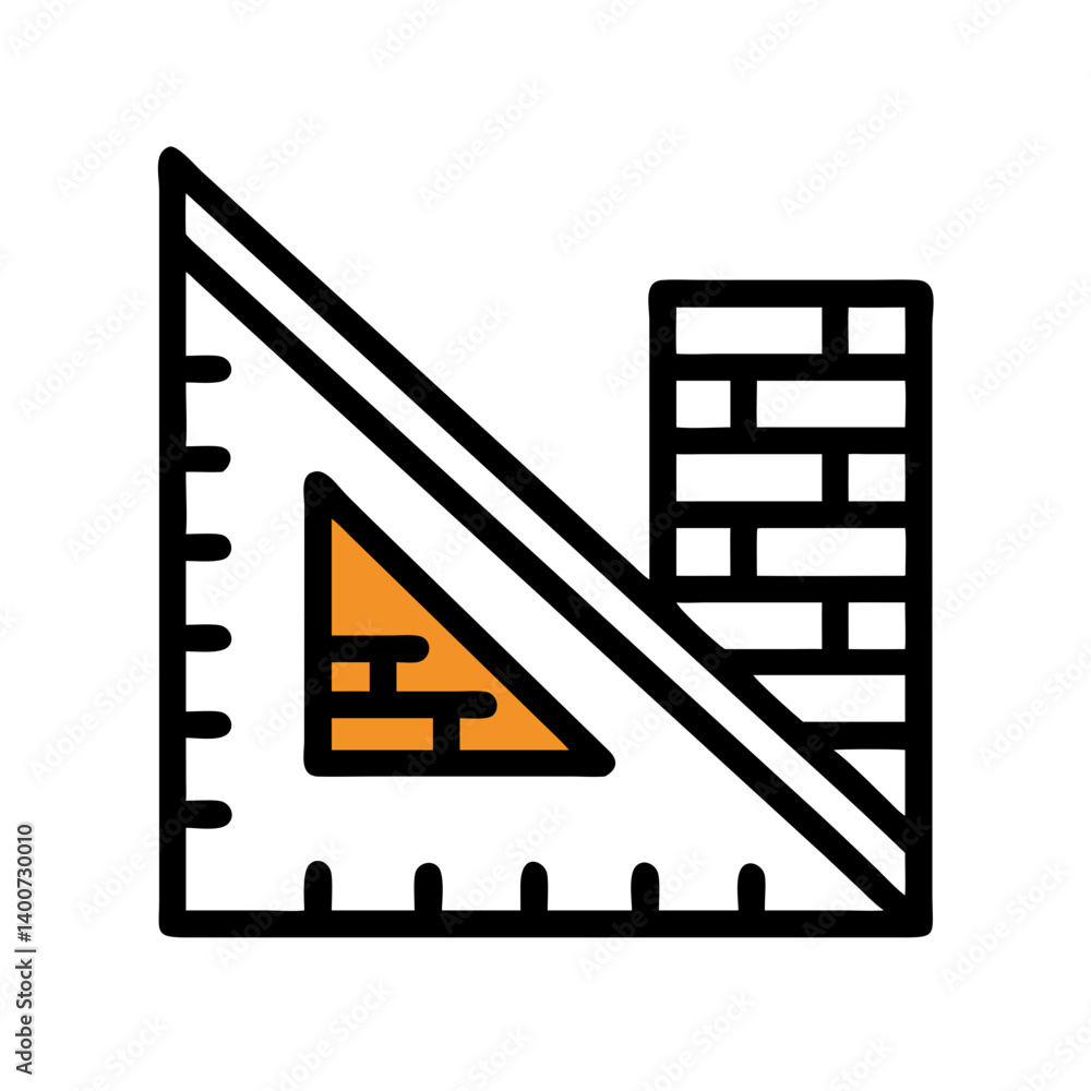 Poster triangular ruler with brick wall icon representing construction measurement and building planning