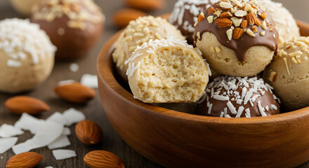 Fototapeta premium Delicious Coconut Almond Fat Bombs On Wooden Table Ready To Eat