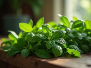 medicinal herbs and berries, traditional medicine Bunch of green herbs are sitting on a wooden table. The herbs are fresh and vibrant