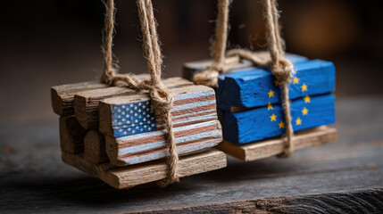 Fototapeta premium United States Trade, United States trade and European Union trade are represented by wooden blocks in this artistic display