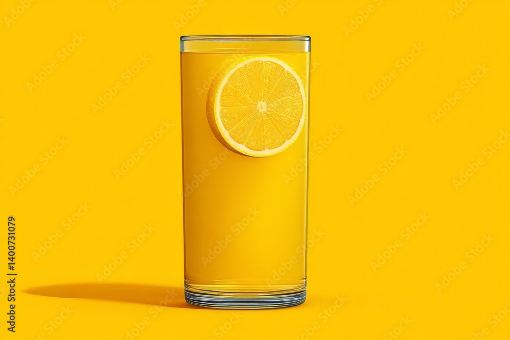 Poster bright citrus beverage in transparent glass with orange slice placed against solid yellow backdrop f