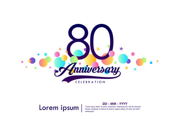 80th years anniversary celebration emblem. elegant anniversary logo isolated with ribbon and colorful circles and stars on white background. vector illustration template design