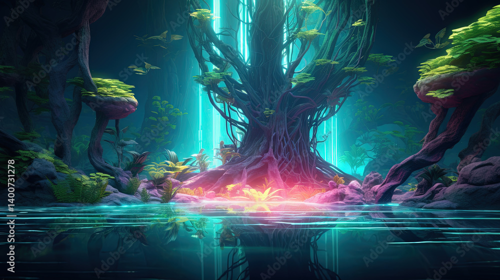 Poster neon-lit tree in a mystical jungle with glowing light and vibrant reflections