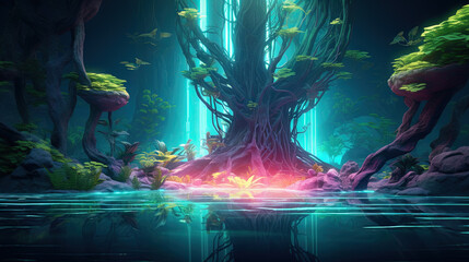 Fototapeta premium Neon-lit tree in a mystical jungle with glowing light and vibrant reflections